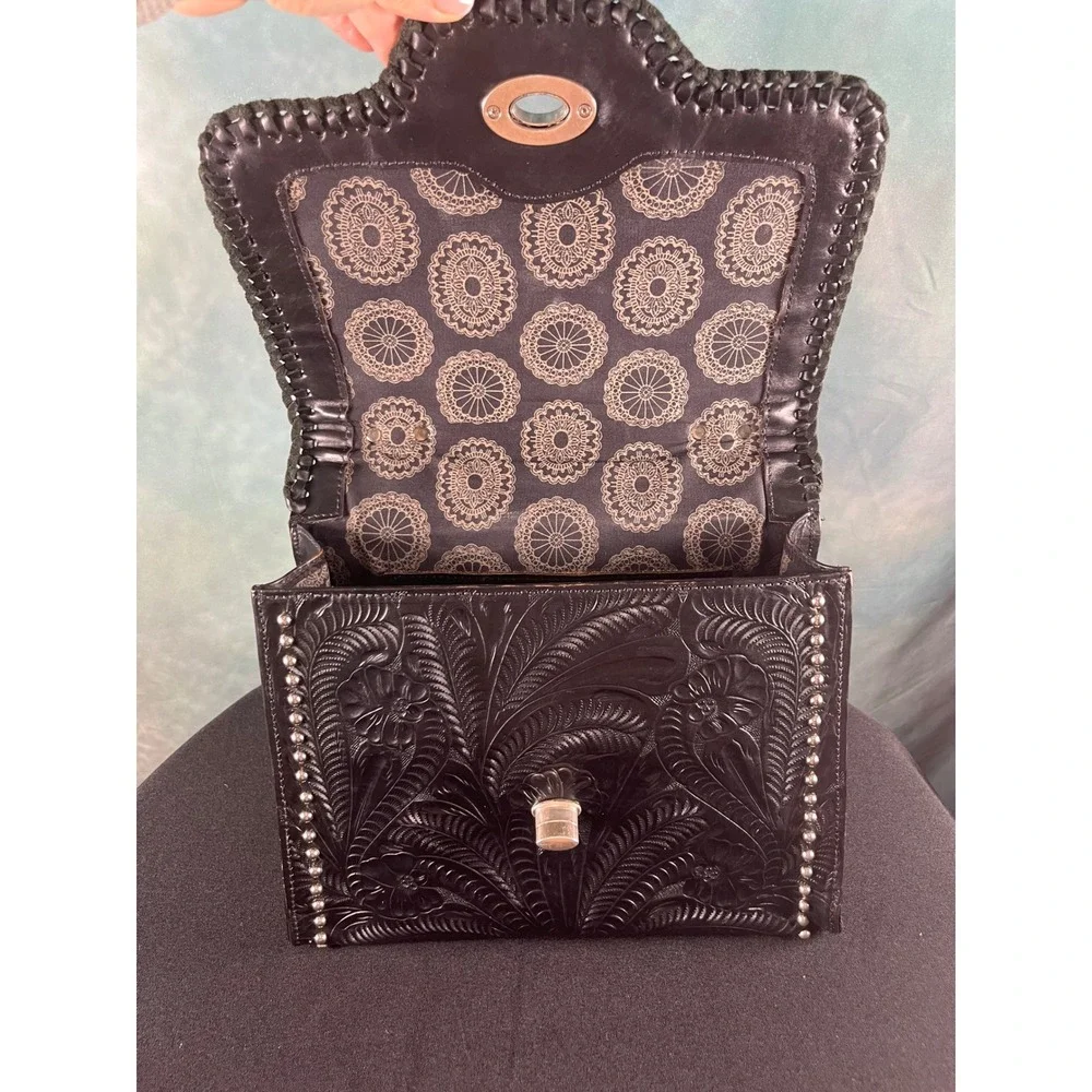 American West Black Hand Tooled Leather Studded Floral Top Handle‎ Handbag Bag